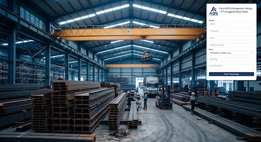 Massive industrial indoor steel warehouse showing neatly stacked structural wide flange WF and H-beams under high ceiling gantry cranes, cool industrial daylighting with deep blue shadows and realistic factory environment