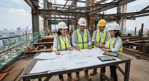 Civil engineers and quantity surveyors in hardhats reviewing technical architectural blueprints and Bill of Quantities documents on high-rise steel frame building site